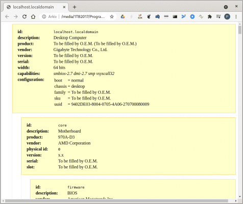 Lär känna din Linux-dator med lshw Utmatningen från lshw sparas som Html och visas i en webbläsare.