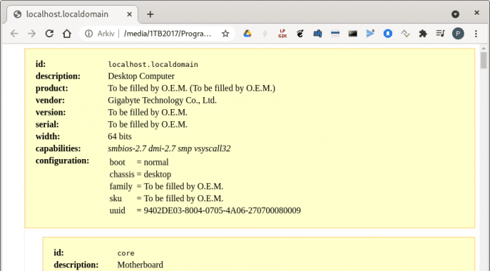 Utmatningen från lshw sparas som Html och visas i en webbläsare.