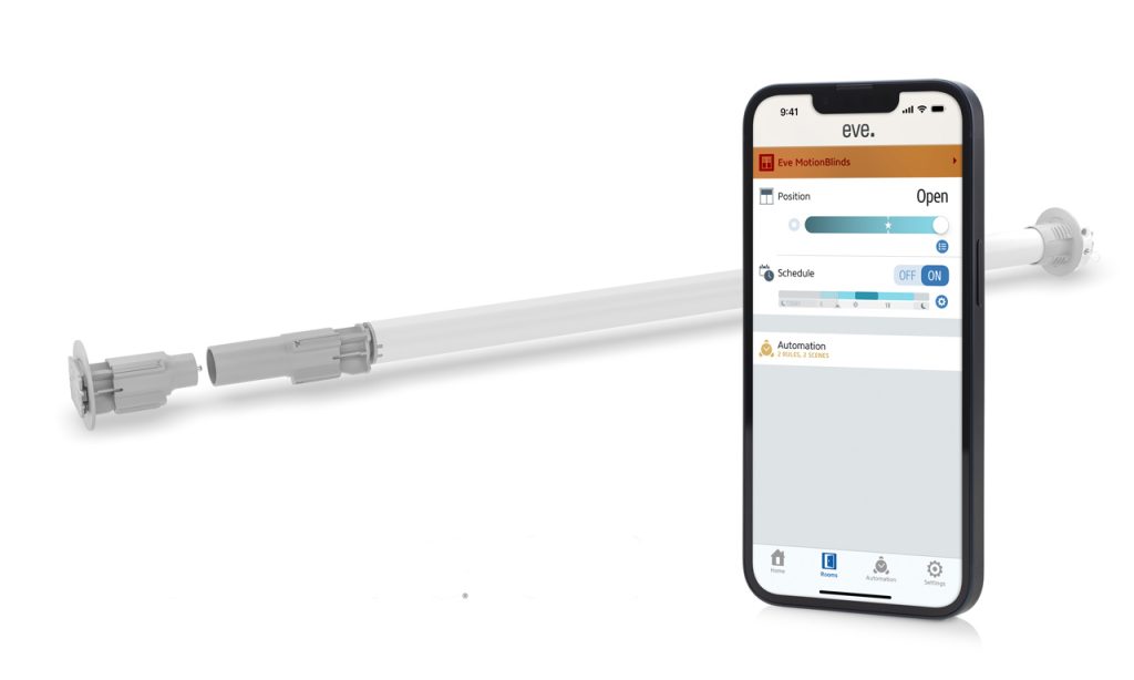 Eve Motionblinds med tillhörande applikation i mobiltelefon